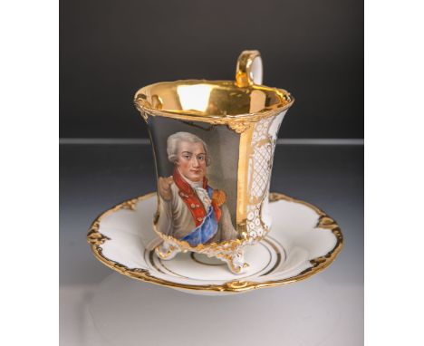 Gr. Portraittasse m. Untertasse (Meissen, blaue Schwertermarke, Knaufzeit, 2. Hälfte des 19. Jhs.), Portrait von Friedrich Au