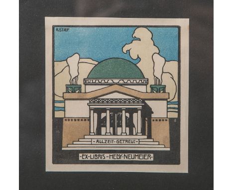 Stief, Karl R. (19./20. Jh.), "Ex Libris Hedy Neumeier" (wohl 1902), Tempel m. Inschrift "Allzeit getreu!", mehrfarbiger Holz