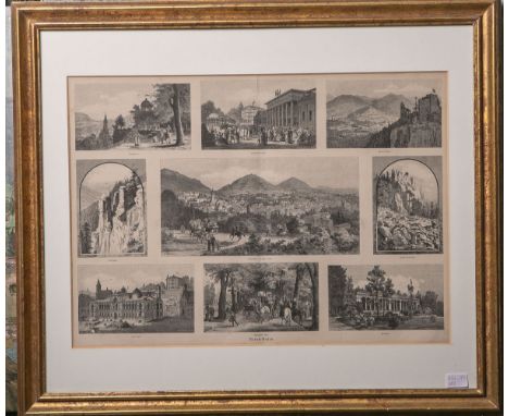 Weber, J. nach (19. Jh.), Sammelbild m. 9 Holzstichen m. Stadtansichten von Baden-Baden, Kupferstiche, in der Platte sign. u.