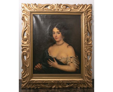 Unbekannter Künstler (wohl 19. Jh.), Portrait einer jungen Dame, Öl/Lw., ca. 75 x 60 cm, ausdrucksstarke aus Holz geschnitzte