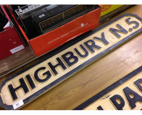 Reproduction wooden road sign Highbury N5 (home of Arsenal FC).