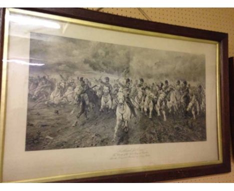 A large vintage framed & glazed print 'Scotland for Ever' - the charge of the Scots Greys at Waterloo - Lady Butler. 57 x 87c