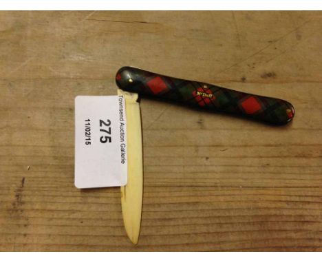 Scottish McDuff tartan Mauchline ware paper knife with ivory blade.