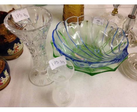 A cut crystal vase 21cm tall, a Caithness style posy vase & 2 moulded glass bowls.