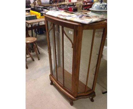 Vintage bow fronted display cabinet with glass shelves. Crack to one panel of side glass