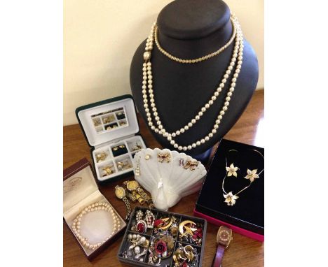 A box containing mostly costume jewellery earrings including a Jon Richard earring and necklace set, 3 watches, faux pearls &