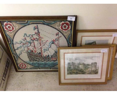 A framed & glazed embroidery tapestry of the Mary Rose 43 x 43cm with 3 small framed & glazed prints.