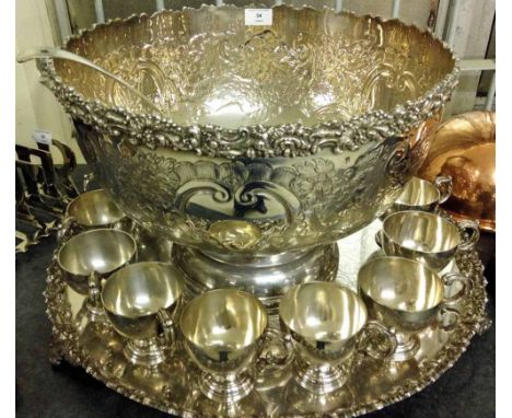 Large silver plated copper punch bowl with 9 cups & ladle by Barker Ellis.