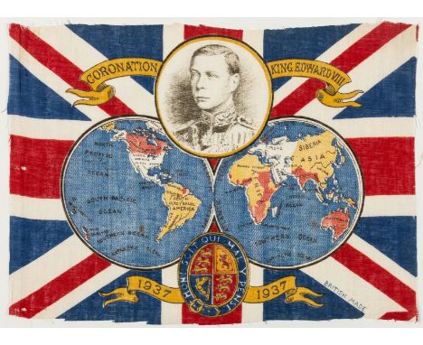 British Empire.- Anonymous. Coronation King Edward VIII, souvenir flag with a portrait of the King, a double-hemisphere world