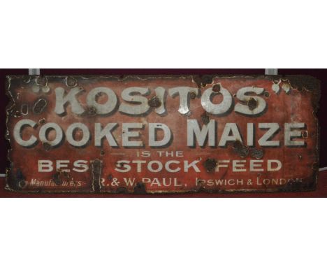 An early 20th century enamel on metal advertising sign for "Kositos" Cooked Maize is the Best Stock Feed, manufactured by R &