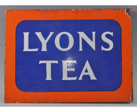 An early 20th century enamel on metal double-sided advertising sign for Lyons Tea, flange to one end, with affixing holes, or