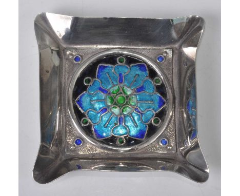A 1940s silver and enamel decorated tray, of square form with pinched corners, the raised flowerhead decorated with bright co