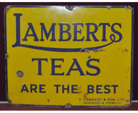 An early 20th century enamel on metal advertising sign for Lamberts Teas Are The Best, manufactured by F. Lambert &amp; Son L