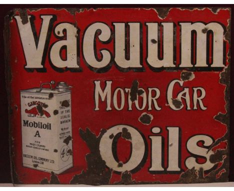 An early 20th century Vacuum Motor Car Oils double-sided enamel advertising sign, with single hanging flange, 41 x 51.5cm