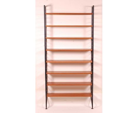 A 1970s Ladderax teak and black painted metal single open adjustable bookshelf, having eight shelves and sixteen connecting b