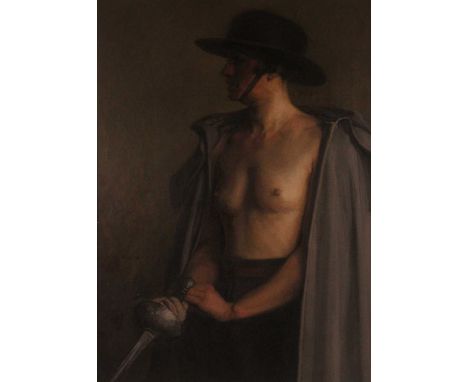 Jules Pollet (1870-1941) - Three-quarter Length Portrait Study of a Topless Swordswoman, oil on canvas, signed and dated 1926