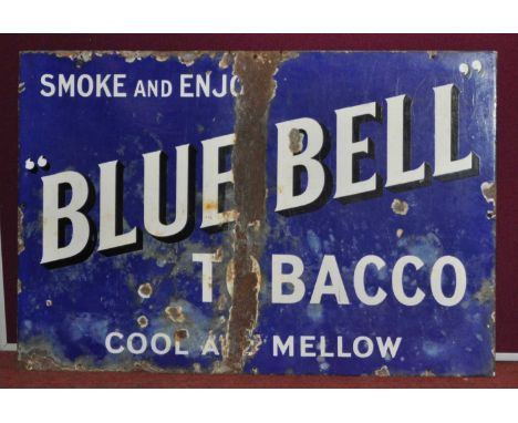 An early 20th century enamel on metal advertising sign for "Blue Bell" Tobacco Cool &amp; Mellow, blue and white colourway, 5