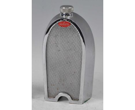 A novelty chrome plated Bugatti radiator hip-flask, mid-20th century, with applied red painted oval Bugatti label to upper pa