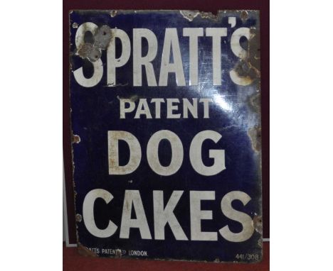 An early 20th century enamel on metal advertising sign for Spratt's Patent Dog Cakes, manufactured by Spratts Patent Ltd, Lon