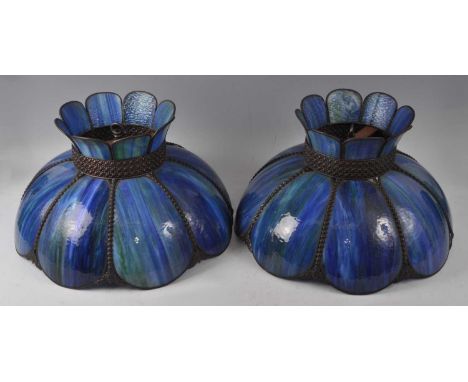 Christopher Wray - a large pair of Art Deco style leaded and blue glass inset domed hanging ceiling shades, each dia.46cmCond