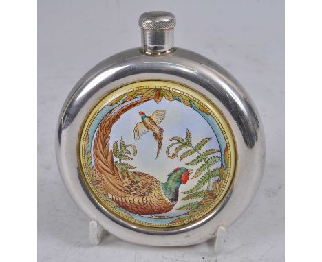 A contemporary Moorcroft Enamels silver Pheasant hip-flask, Birmingham 2001, limited edition No.12/50, 10.5 x 9.5cmCondition 