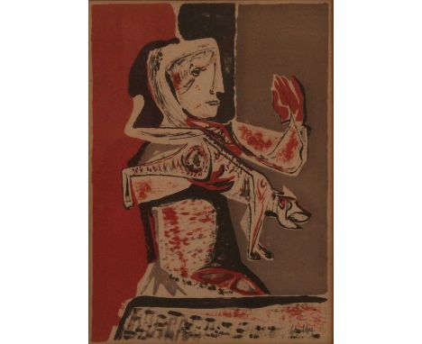Robert Colquhoun (1914-1962) - Woman and Cat, lithograph printed in colours, signed lower right, visible sheet dimensions 39 