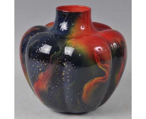 A large Royal Doulton Sungware ceramic vase, of lobed bulbous shouldered form, bright colour underglaze decorated, printed ba