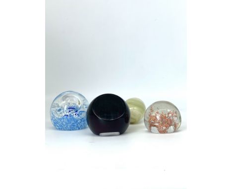 4x paperweights, different designs, a dolphin, an Onyx egg, signed celtic myths, a Caithness Scotland paperweight, 