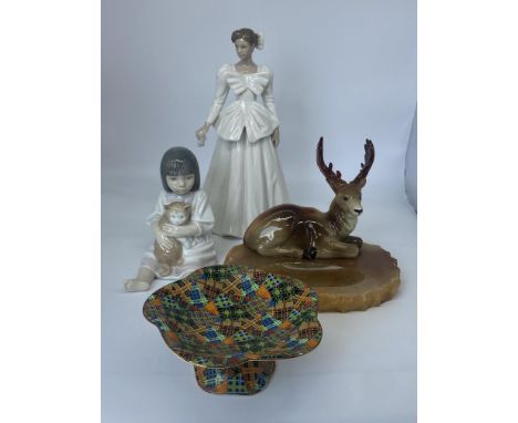 A mixed lot of ornaments,  Lladro figures, Royal Winton dish, Scottish stag on a stone base