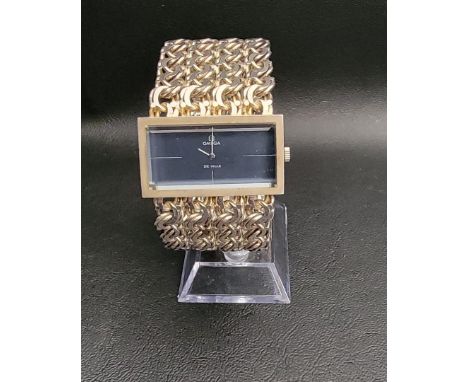 LADIES OMEGA DE VILLE WRISTWATCHwith square blue dial and wide chain link silver bracelet strap, with hallmarks for 1975, the