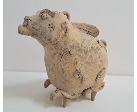 CHINESE POTTERY AQUAMANILE PIXIUpossibly from the Jin dynasty, the mythical creature with a spout to the mouth, incised marki