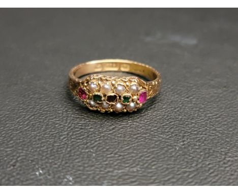 VICTORIAN GEM AND SEED PEARL SET RINGwith ruby, emerald and garnet, on fifteen carat gold shank with scroll decoration, ring 