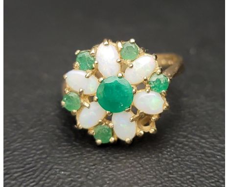 PRETTY EMERALD AND OPAL CLUSTER DRESS RINGon nine carat gold shank, ring size K 