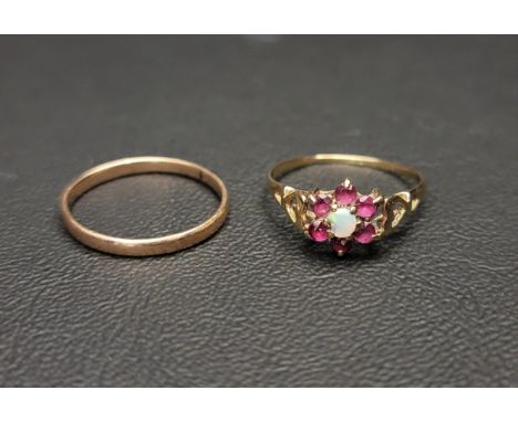 OPAL AND RUBY CLUSTER RINGin nine carat gold with pierced heart design shoulders; and a nine carat gold wedding band, both ri