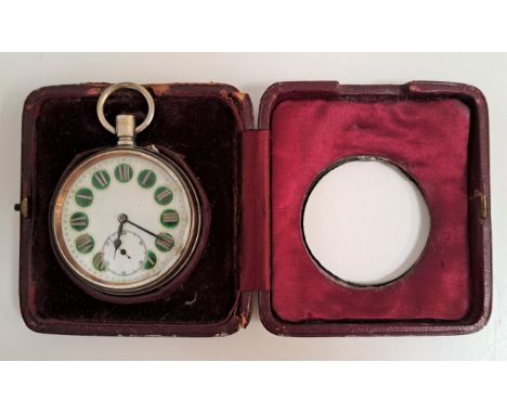 GOLIATH POCKET WATCH IN SILVER MOUNTED CASE/STANDthe watch with white enamel dial set with Roman numerals on green enamel dec