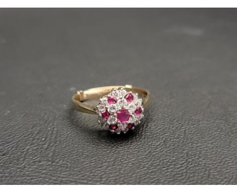 RUBY AND CZ CLUSTER RINGon nine carat gold shank with nine carat gold size adjuster, size O-P (with adjuster) 