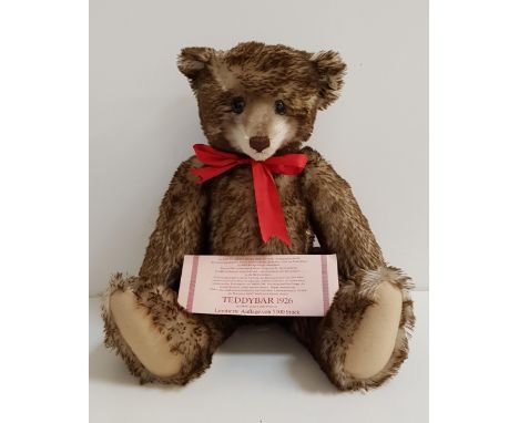 STEIFF TEDDY BEAR 1926 REPLICAin grey brown tipped mohair, with growler and red neck ribbon, limited edition number 0948 of 5