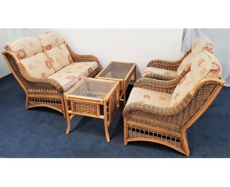 CANED CONSERVATORY SUITE comprising a two seat sofa and two armchairs with back and seat cushions, together with two similar 