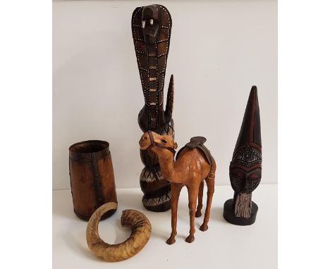 ELM KITCHEN UTENSIL POTtogether with a rams horn, leather covered camel, carved snake and an African carving (5) 