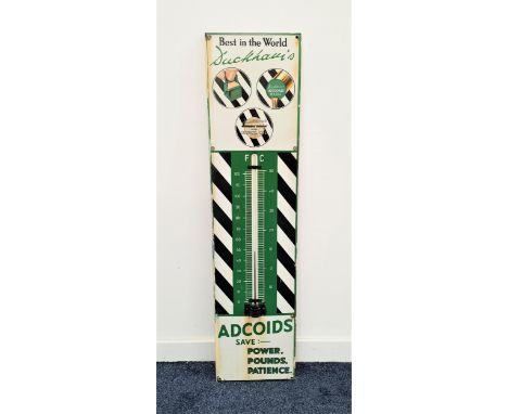 DUCKHAMS ADCOIDS ENAMEL ADVERTISING SIGNin black, white and green, with a central thermometer, 115cm high 