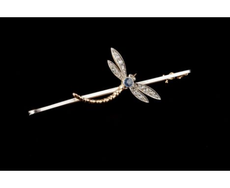 A COLLECTION OF VICTORIAN AND LATER BROOCHES AND STICK PINS, comprising a sapphire and diamond set dragonfly bar brooch, stam