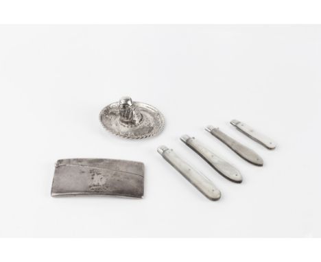 THREE VICTORIAN SILVER AND MOTHER OF PEARL FOLDING FRUIT KNIVES, another, 1930's, example, a late Victorian silver card case,