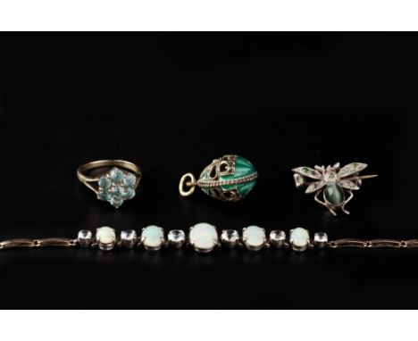 A COLLECTION OF JEWELLERY, comprising an opal and white stone line bracelet, the graduated oval cabochon opals spaced by circ