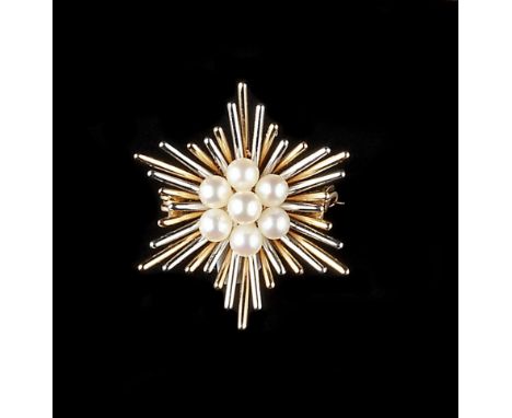 TWO CULTURED PEARL SET BROOCHES BY CROPP &amp; FARR, the first designed as a floral spray, highlighted with clusters of cultu