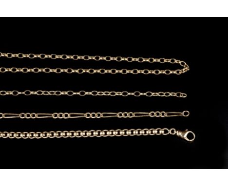 A SMALL COLLECTION OF JEWELLERY, comprising a 9ct gold belcher-link chain and similar bracelet, a 9ct gold roller curb-link b