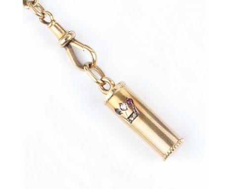 AN 18CT GOLD ALBERT CHAIN WITH PENDANT SUSPENSIONS, the curb-link chain with swivel clasps, suspending a cylindrical pendant 