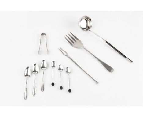A QUANTITY OF ASSORTED SILVER FLATWARE TO INCLUDE: a bread fork, sauce ladle, pickle fork, a pair of sugar tongs, various set