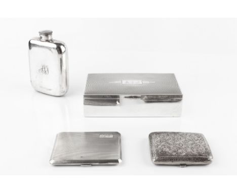 AN INDIAN RECTANGULAR CIGARETTE BOX, two cigarette cases, three small wirework dishes, other similar pieces, a plated vase, h