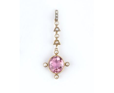 A PINK TOURMALINE AND HALF PEARL PENDANT, the oval mixed-cut pink tourmaline in millegrain collet setting, framed by similarl