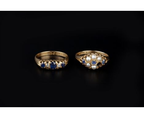 TWO SAPPHIRE SET DRESS RINGS, the first a half hoop ring, alternately set with cushion-shaped sapphires and old-cut diamonds,